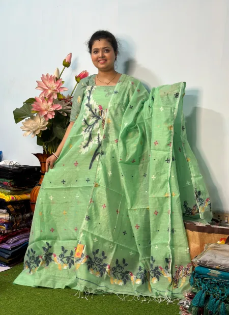 Handloom Jamdani Kurti with Dupatta - Mint Green (Unstitched)