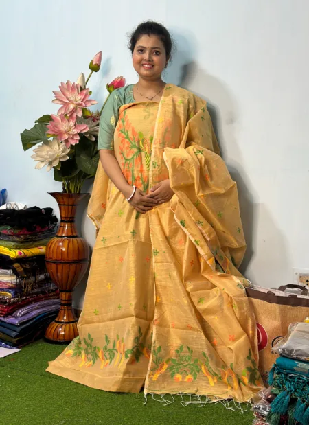 Handloom Jamdani Kurti with Dupatta - Golden Yellow (Unstitched)