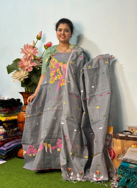 Handloom Jamdani Kurti with Dupatta - Grey (Unstitched)