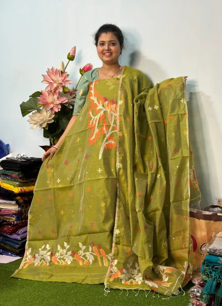 Handloom Jamdani Kurti with Dupatta - Mehandi Green (Unstitched)