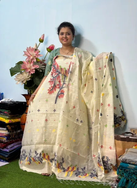 Handloom Jamdani Kurti with Dupatta - Off White (Unstitched)