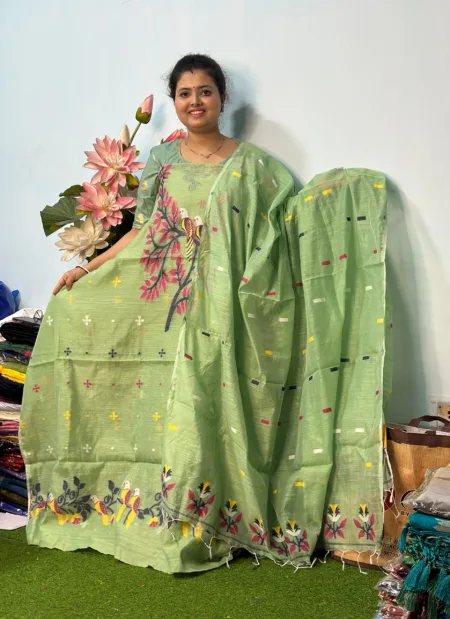 Handloom Jamdani Kurti with Dupatta - Parrot Green (Unstitched)