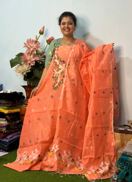 Handloom Jamdani Kurti with Dupatta - Peach (Unstitched)