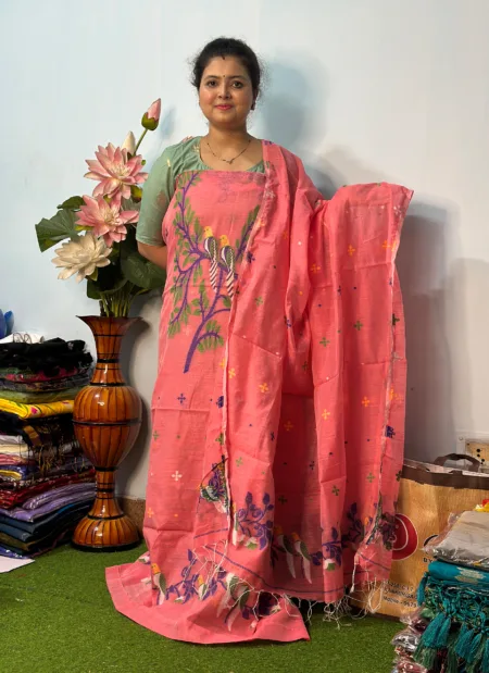 Handloom Jamdani Kurti with Dupatta - Pink (Unstitched)