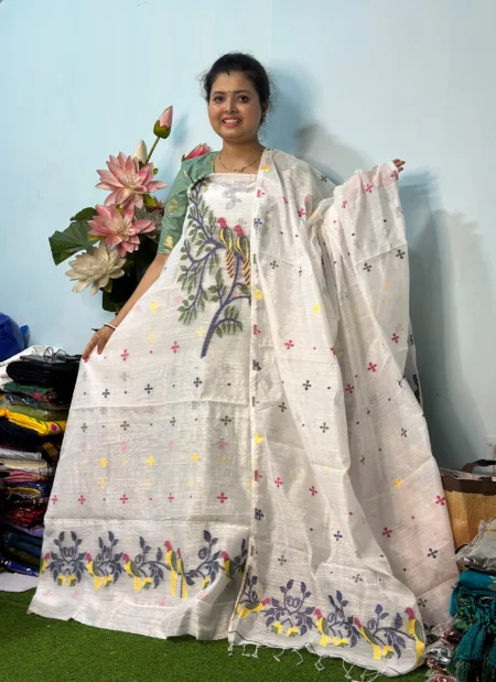 Handloom Jamdani Kurti with Dupatta - White (Unstitched)