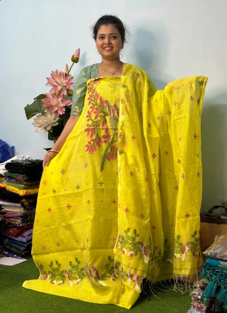 Handloom Jamdani Kurti with Dupatta - Yellow (Unstitched)