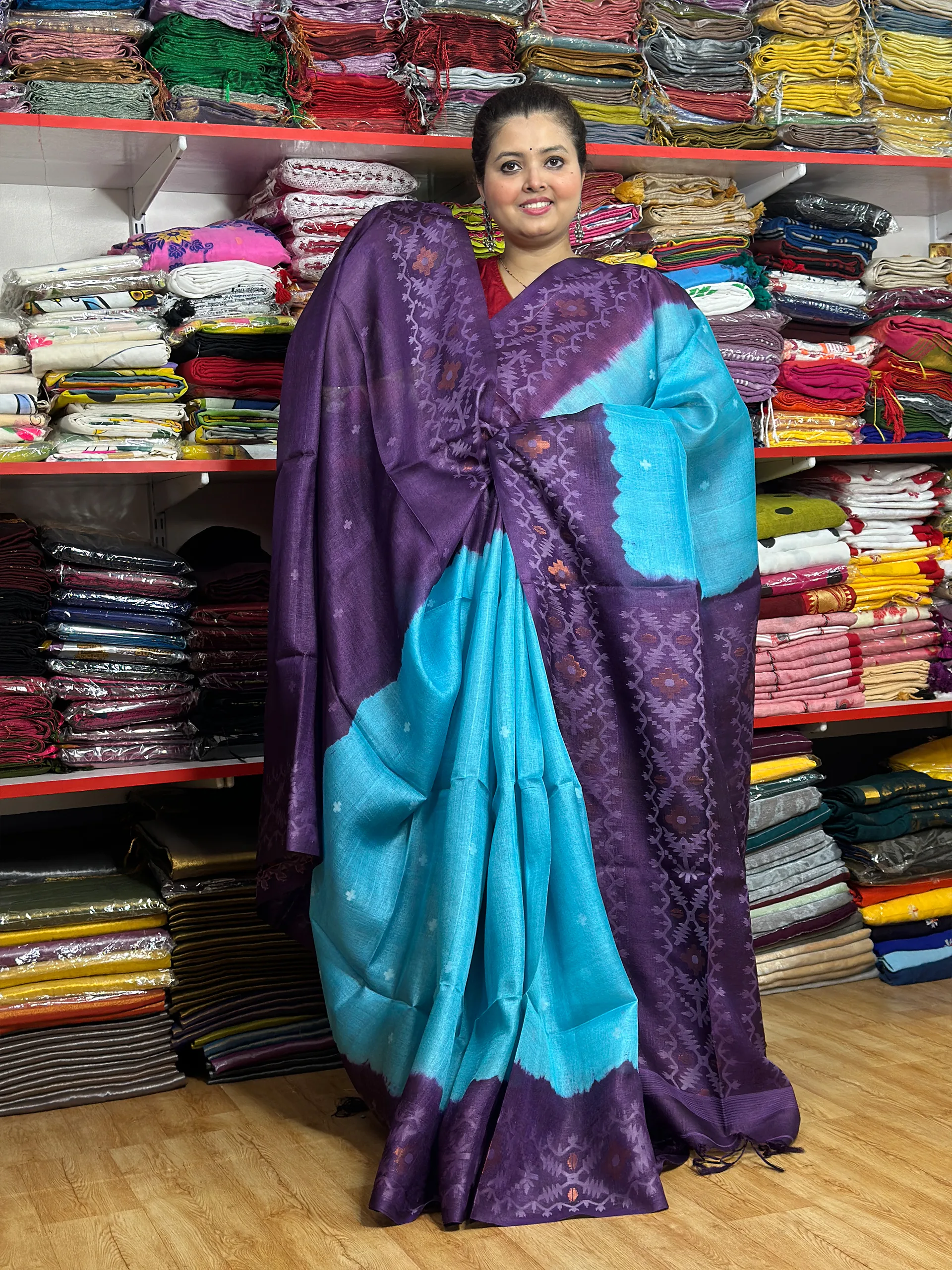 Tussar Jamdani HD_Teal Blue & Rich Purple