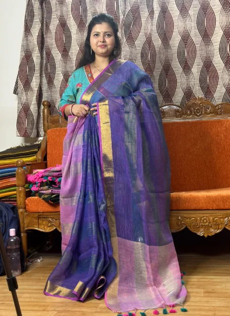 Stripe Linen Saree with Blouse Piece